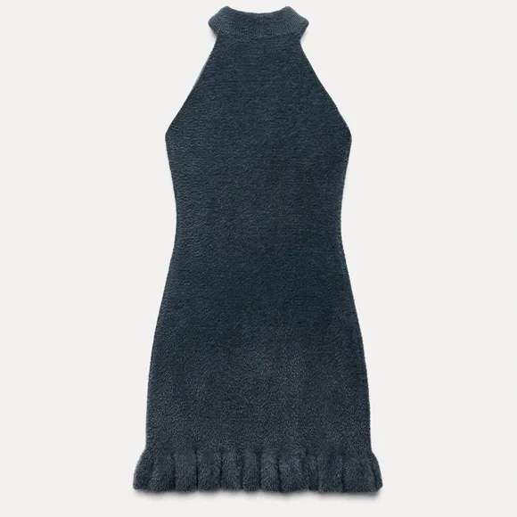 Faux Fur Flower Sequins Beaded Halter Dress - Picture 2 of 4